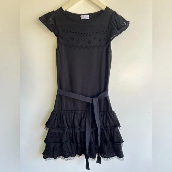 Red Valentino Black Knit Ruffle Dress Tie Waist Eyelet Lace Tiered Mini Sz XS S - Picture 14 of 15